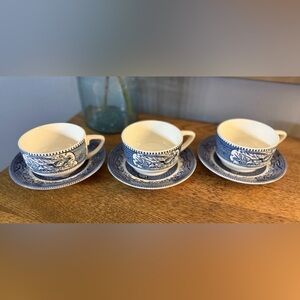 Churchill England Blue Willow Demitasse Tea Cups & Saucers Set of 3 Blue White